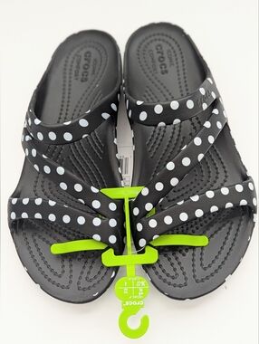 NWT Women's Crocs (Size 6) Black & White Kadee II Polka Dot Strappy Sandals